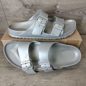 Birkenstock Sandals EVA Arizona Essentials Women 9 Silver Two Strap Buckle Beach